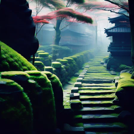 moss, day, stairs, nature, japanese clothes, east asian architecture, rock, outdoors, scenery, sunlight