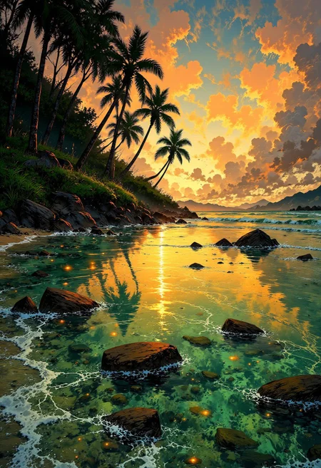 Fiji Island Retreat – Sunset Over the Shallow Reef
"A peaceful Fijian beach at sunset, where the golden light casts a soft glow over the shallow coral reef. The clear water reveals colorful marine life just beneath the surface, shimmering as the sun sets beyond the horizon. Tall palms frame the scene, their leaves rustling softly in the evening breeze."