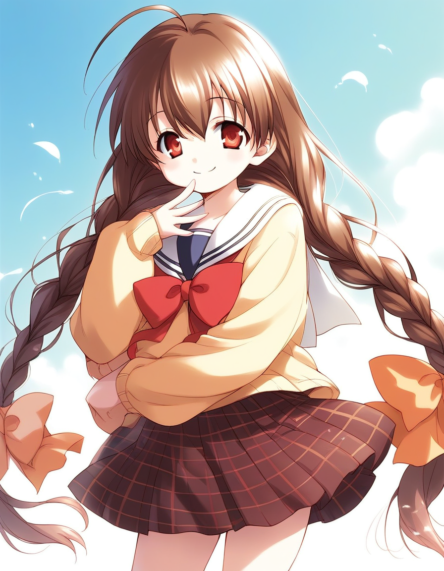 score_9, score_8_up, score_7_up, source_anime, rating_explicit, BREAK  <lora:Pasocom_Paradise_2001.8_XL:0.9> Pasocom_Paradise_2001.8, very long hair, twin braids, ahoge, bangs, brown hair, red eyes, hair between eyes, short stack,
smile, school uniform, checked skirt, 
looking at viewer, 
cowboy_Shot,