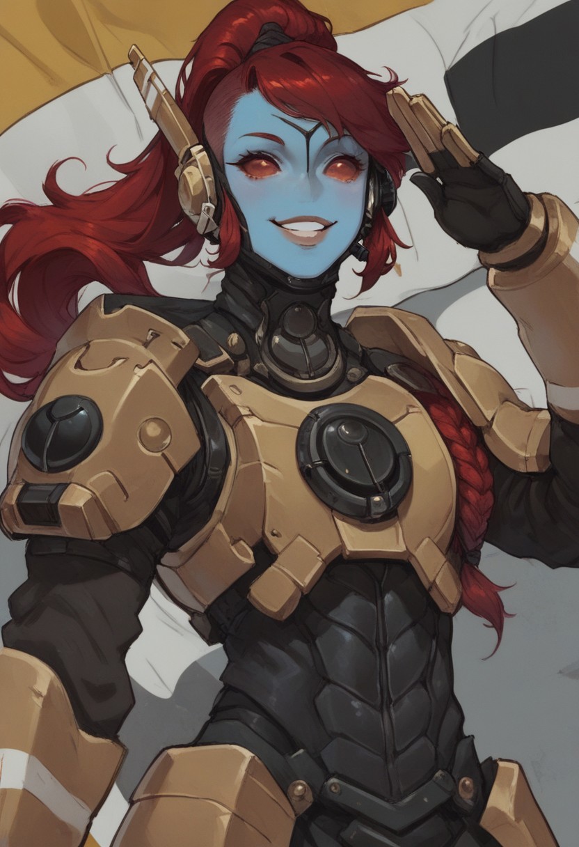 score_9, score_8_up, score_7_up, ultra quality, 1girl, tauxl, blue skin, red sclera, forehead mark, noseless, mo mostrils, parted lips, ponytail, red hair, headset, sci-fi armor, yellow armor, covered collarbone, upper body, salute, looking at viewer, smile, flag, detailed background