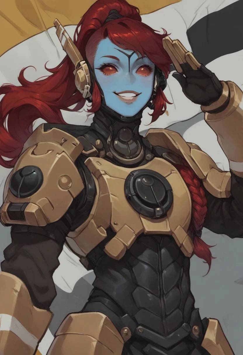score_9, score_8_up, score_7_up, ultra quality, 1girl, tauxl, blue skin, red sclera, forehead mark, noseless, mo mostrils, parted lips, ponytail, red hair, headset, sci-fi armor, yellow armor, covered collarbone, upper body, salute, looking at viewer, smile, flag, detailed background