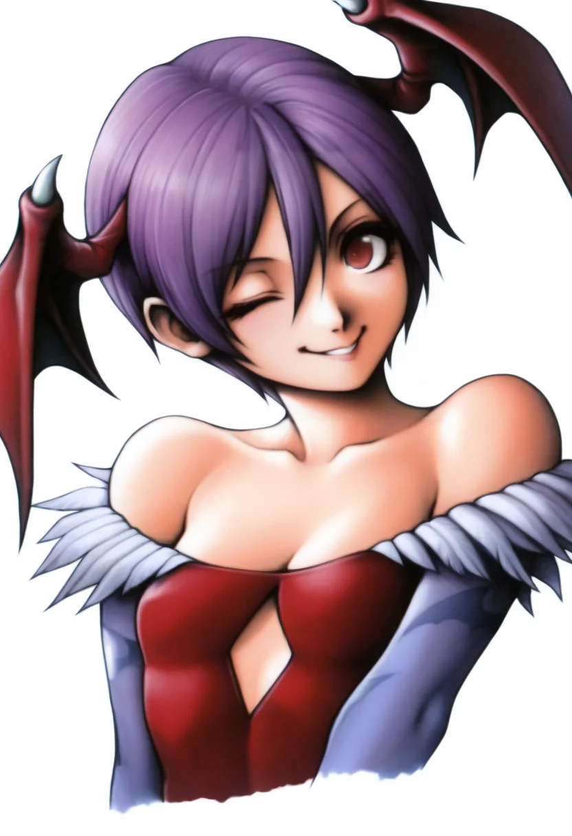 masterpiece, best quality, solo, 1girl, smile, looking at viewer, <lora:FF7-Portraits-illus_Fp:1>, simple background, portrait, white background, <lora:Lilith-illus_Fp:1>, lilithv, red eyes, purple hair, short hair, red leotard, head wings, demon wings, blue pantyhose, bridal gauntlets, bat print, print legwear, feather trim, hair between eyes, diamond cutout, upper body, one eye closed,