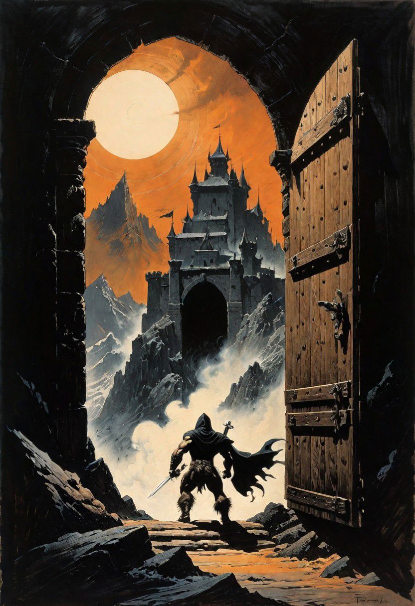 highly detailed ink drawing in the style of Frank Frazetta. A formidable muscular figure shrouded in a dark hood, kicking in the giant wooden door of a sinister-looking castle, jagged mountains rise ominously, silhouetted against a tempestuous, roiling sky.