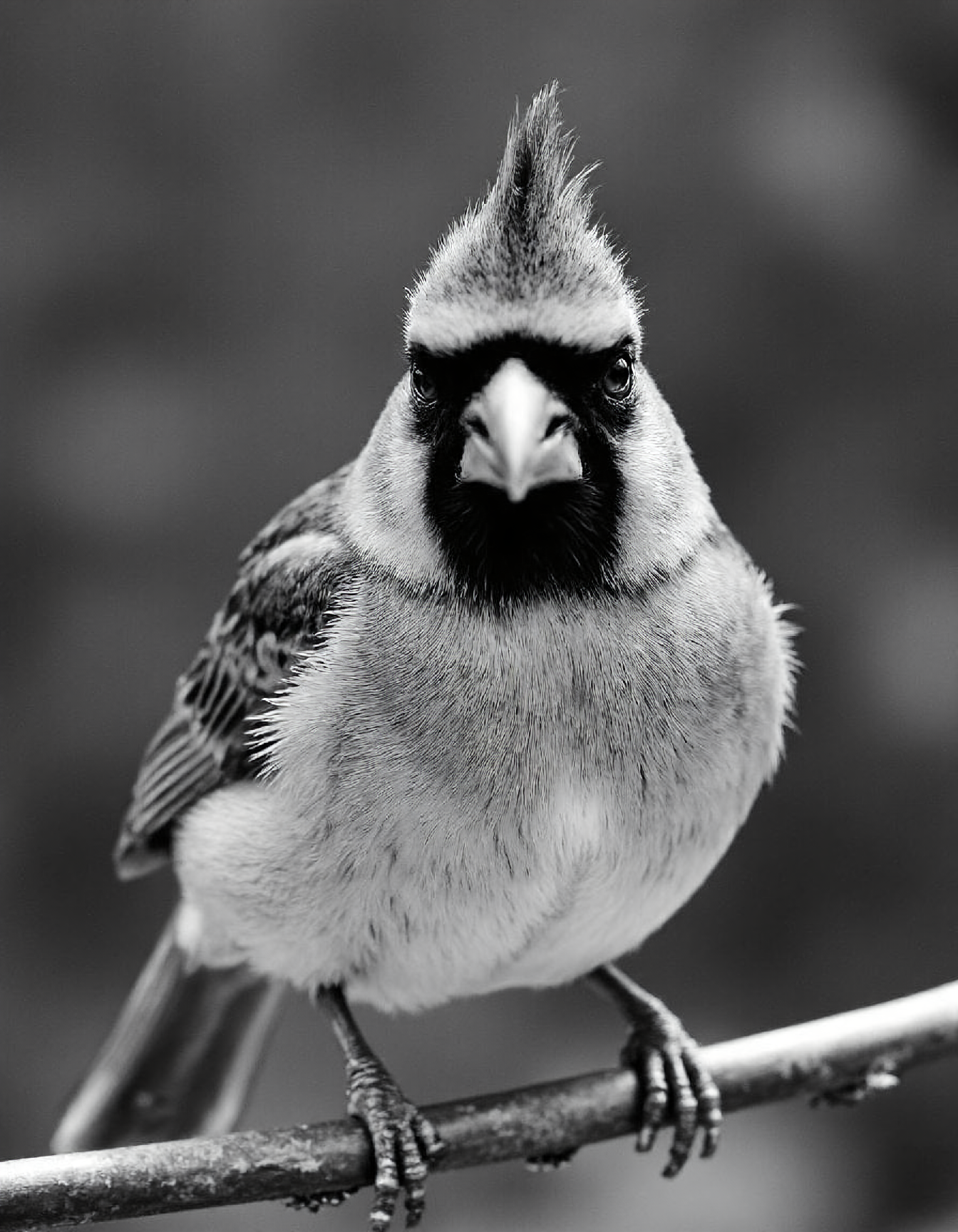 black and white close-up photo of a cardinal