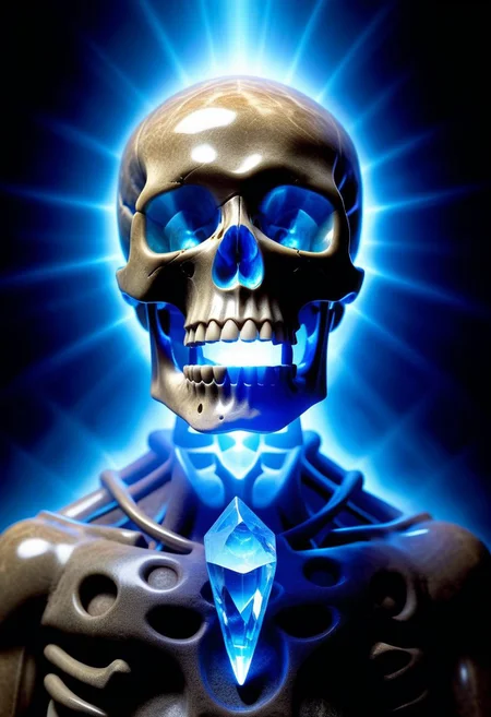 The mysterious Crystal Skull, an ancient artifact with a translucent, glowing blue crystal making up its entire structure. It sits in a dimly lit, underground temple adorned with intricate carvings of mythical creatures. A sense of otherworldly energy radiates from the artifact, and a faint, mystical aura surrounds it. The atmosphere is one of mystery and intrigue, with a touch of otherworldly wonder.