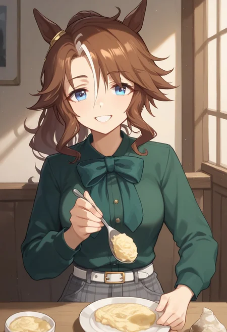 Score_9,score_8_up,score_7_up,score_6_up,source_anime,detail,1girl,solo,
mejiro palmer \(umamusume\),horse ears, horse tail, green shirt, black pumps, long sleeves, gold ear ornament, ponytail, white belt, green bowtie, plaid grey pants, BREAK
(indoors:1.1),(night:1.2), (upper body:1.2), Dutch Angle Shot, (dynamic pose:1.2), face focus, eyes focus, BREAK
sitting,d4ten1ght, sitting across from viewer, cafe, restaurant,table, (feeding:1.3),
Expressiveh, horny face, (bedroom eyes:1.3), smile, BREAK
OverallDetail,Frontlight,