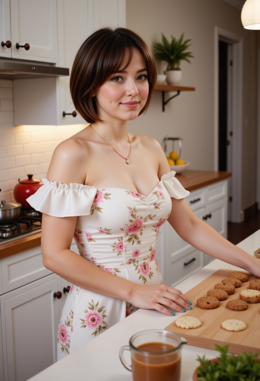Full body,Hyperrealistic, she is smiling, dynamic angles, multiple angles,  she is looking at the camera, photoshoot poses; Gynoidv2, she has short brown hair, She is wearing a white flower print off-the-shoulder dress with ruffled sleeves, She is standing at the kitchen island making cookies, in a posh kitchen,   creating a focused and dynamic pose.; the scene is set in a beautiful well-lit environment, with a sense of action and adventure.  Style: realistic hyper-detailed rendering, 32k UHD, expressive eyes, punk, graphic design, girl's face, pretty and cute, gleaming lips, telling a tale of adventure. Exuding confidence and serenity. The overall mood of the image is happy and relaxed, detailed skin texture,(blush:0.2),(goosebumps:0.3), subsurface scattering,with a playful and whimsical tone,perfect hand, hand, detailed hand,niji style,retro50s_style,