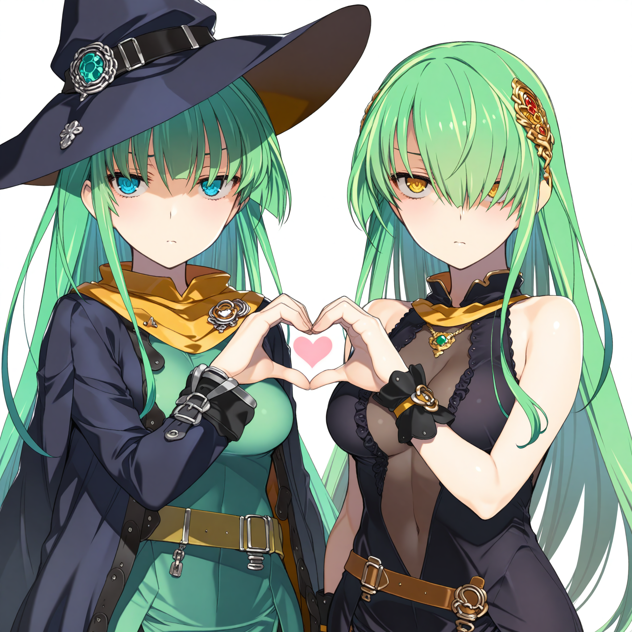 high quality,best quality,2girls,looking at viewer,disdain,white background,heart hands duo,heart,
<lora:Masou_Shizuka_1_nai:1>,Masou Shizuka,blue eyes,witch hat,belt,scarf,long sleeves,dress,coat,looking at viewer,disdain,white background,heart hands duo,heart,
<lora:Hornet_1_nai:1>,Hornet,yellow eyes,hair over one eye,hair ornament,bare shoulders,black dress,gold necklace,see-through dress,center opening,wrist cuffs,see-through cuffs,gold trim,frills,see-through shawl,looking at viewer,disdain,white background,heart hands duo,heart,
