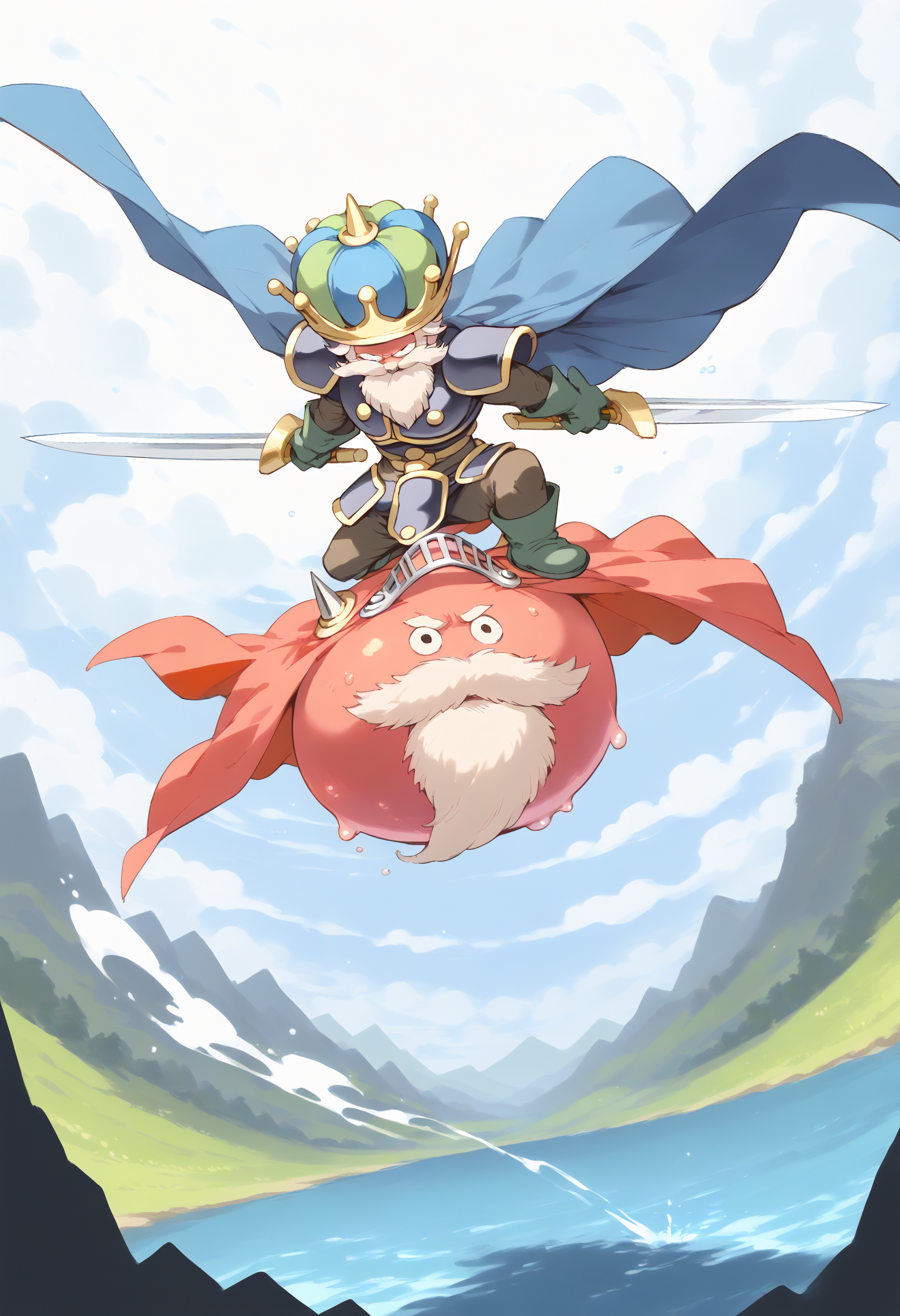 score_9,score_8_up,score_7_up,best quality,masterpiece,super detailed,extreme detailed,full_body,zPDXL BREAK nature,field,
<lora:Pony_DetailV2.0:1> BREAK shogum,slime (dragon quest),armor,beard,cape,crown,dual wielding,holding sword,no humans,riding,<lora:shogum-000028:1>,sketch,jumping,