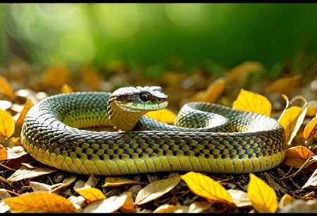 Cinematic, Cinematic Lighting, Cinematic Shot, extremely detailed, Film Still, macro photography, depth of field, high detail, hires textures, incredibly detailed, intricate details, intricate diorama, masterpiece, Movie Still, outstanding intricacies, photorealism, true masterpiece, glamourous, Stately, capturing the scene of an eastern hognose snake, Heterodon platirhinos, lying on the ground amongst fallen leaves, cry5t415ku11,