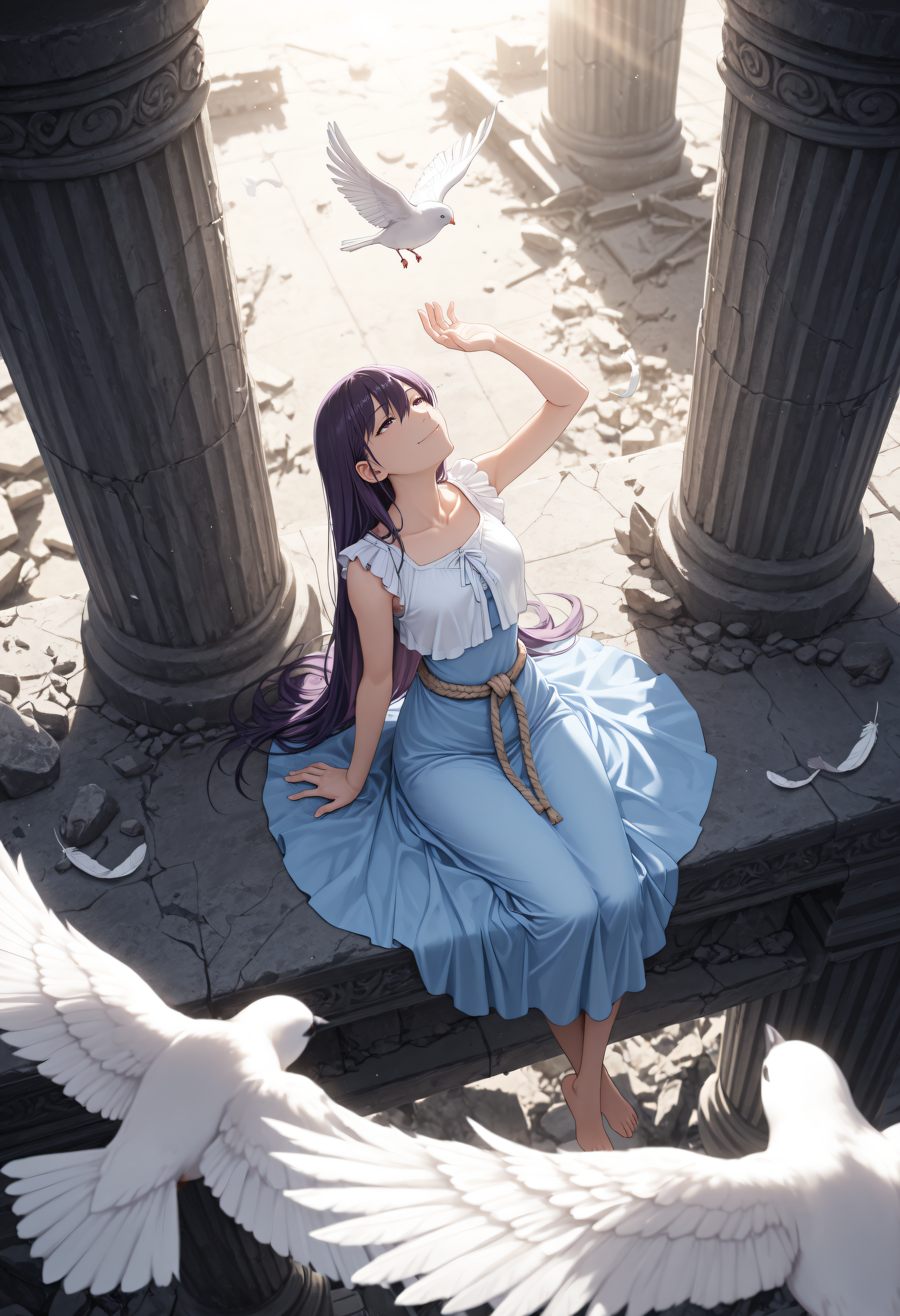 <lora:Char_SakakiYumiko:1>, Yum1R0b3, hair between eyes, purple hair, long hair, purple eyes, straight hair, hair behind ear, collarbone, long dress, light blue dress, sleeveless, waist rope, rope belt, white shirt, frilled shirt, cropped shirt, dress under shirt, bare foot,
wide shot, from above, bird eye's view, depth of field, ruins, stone pillars, sunlight, bokeh, leaning back, sitting, looking up, hand up, birds, flying, white feathers, smile, half-closed eyes, very awa, masterpiece, best quality, highres, absurdres