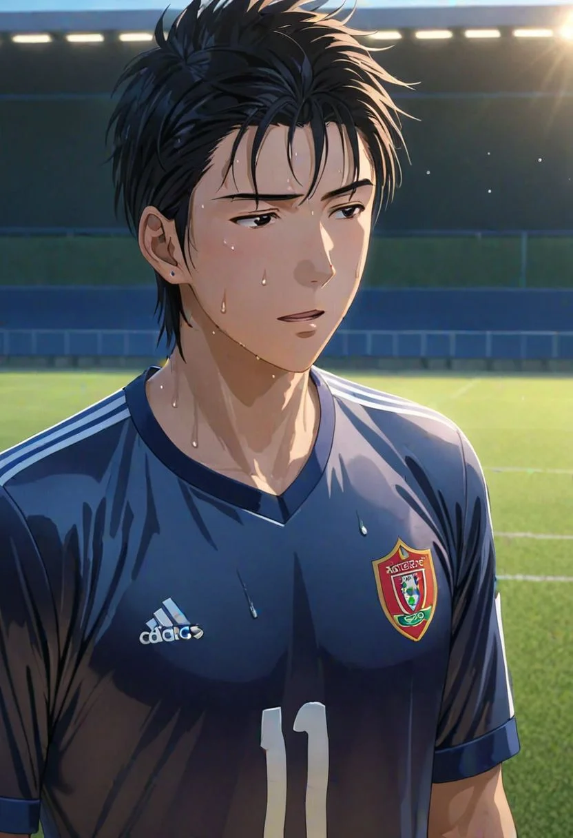 Highres, Masterpiece, High Quality, 4K, Soujiro Agata, 1boy, solo, black hair, sweaty, soccer player, Realistic Light, candid photo