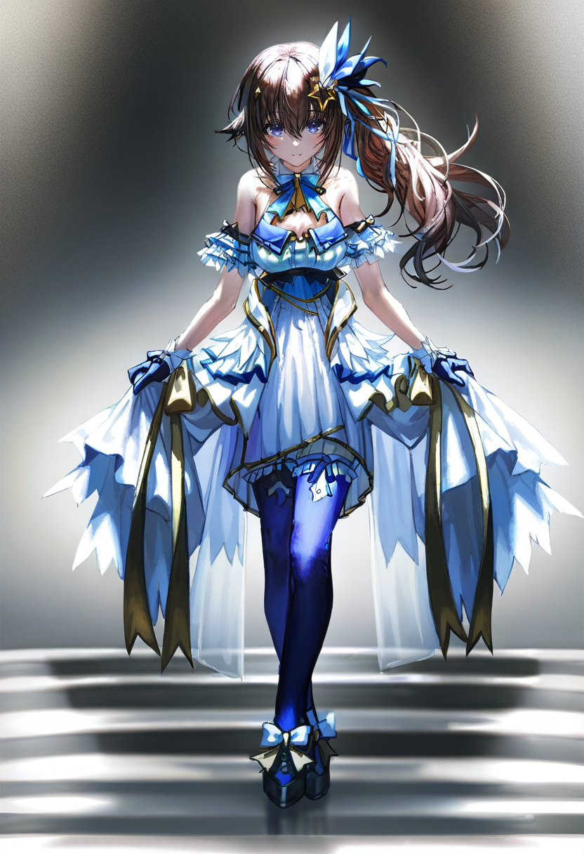 1girl, tokino sora, virtual youtuber, solo, long hair, dress, brown hair, ribbon, hair flaps, thighhighs, gloves, hair ornament, blue thighhighs, hair ribbon, bare shoulders, star \(symbol\), star hair ornament, skirt hold, side ponytail, official alternate costume, full body, looking at viewer, bangs, curtsey, official alternate hairstyle, frills, hairclip, bow, white dress, hair between eyes, blue ribbon, standing, white gloves, blue eyes, breasts <lora:quasarcakeXL_NBVP1_lokr_V6311P:0.95>