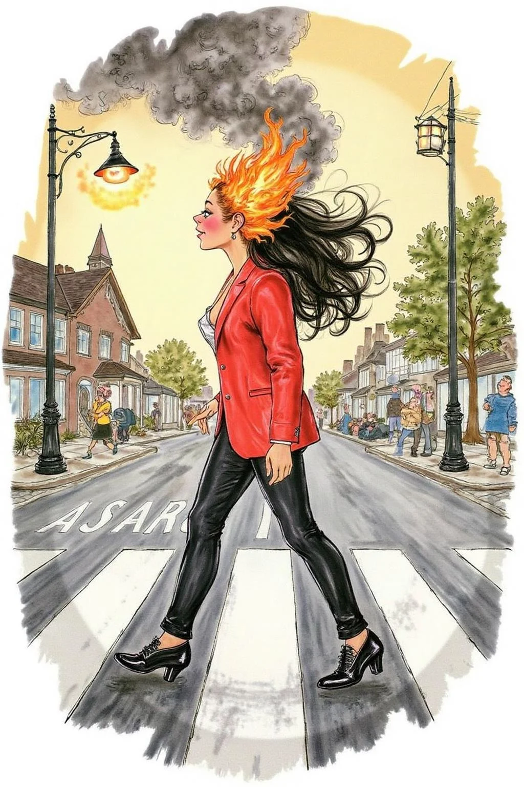 d0sn Illustration. Profile of a woman with long black hair walking across the street at zebra crossing. Her hair is on fire, with black Smoke coming out of her head. <lora:d0sn_illus1_fl_d6a3:1.0><lora:803597542530177231:0>