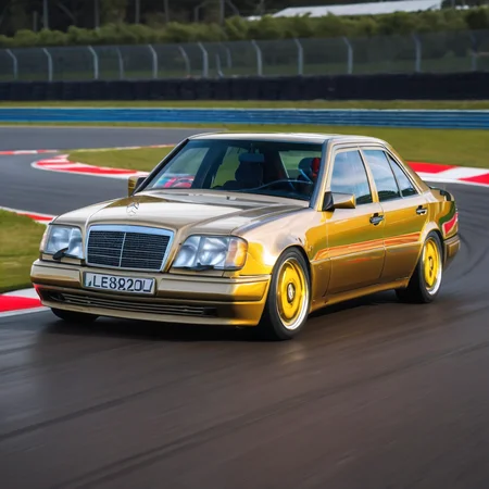 race track photography of a (gold) mercedes W124, gleaming, reflections, driving fast<lora:wx124sdxl:1>