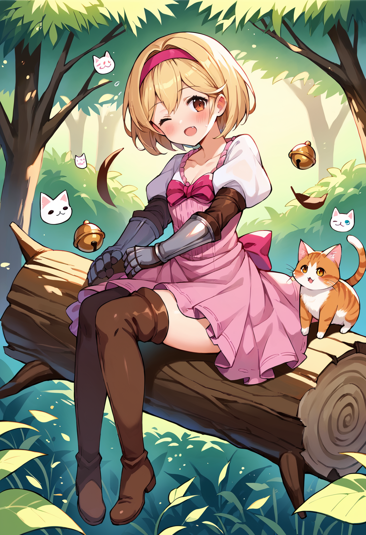 score_9, score_8_up, score_7_up, uncensored, source_anime, 1girl,  <lora:spgbfDjeetaXLPony:1> djeetadef, pink hairband, dress, puffy sleeves, gauntlets, brown thighhighs, thigh boots, bell, cat, full body, ginkgo leaf, ginkgo tree, kitten, leaf, log, blush, looking at viewer, one eye closed, open mouth, solo, :q