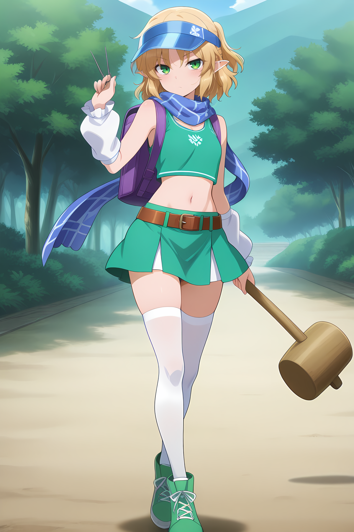 absurdres, highres, masterpiece, best quality, amazing quality, official anime artwork, screencap, anime screencap, outdoors, looking at viewer, dynamic pose,
 <lora:Parsee-Mizuhashi_Illustrious:1> mizuhashi parsee, 1girl, solo, green eyes, blonde hair, short hair, pointy ears,, mizuhashi parsee \(jealousy-driven cheering spirit\), alternate costume, visor cap, blue cap, white arm warmers, purple backpack, brown belt, loose red belt, blue scarf,  tank top, navel, light green shirt, light green skirt, white thighhighs, green footwear, holding mallet, holding nail (hardware),
