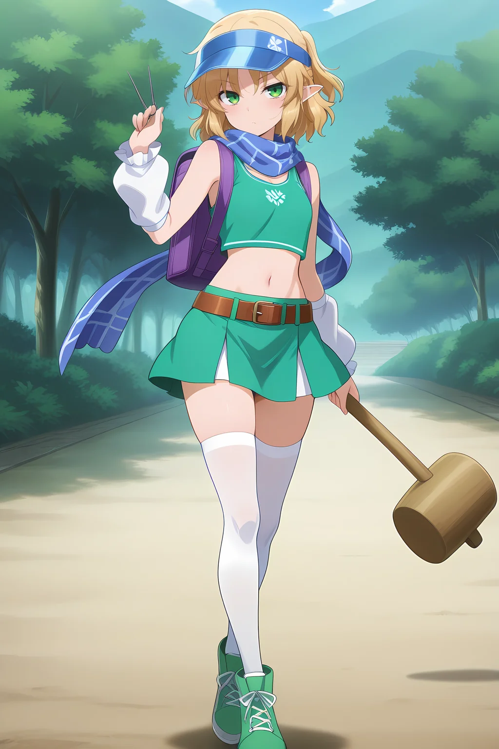 absurdres, highres, masterpiece, best quality, amazing quality, official anime artwork, screencap, anime screencap, outdoors, looking at viewer, dynamic pose,
 <lora:Parsee-Mizuhashi_Illustrious:1> mizuhashi parsee, 1girl, solo, green eyes, blonde hair, short hair, pointy ears,, mizuhashi parsee \(jealousy-driven cheering spirit\), alternate costume, visor cap, blue cap, white arm warmers, purple backpack, brown belt, loose red belt, blue scarf,  tank top, navel, light green shirt, light green skirt, white thighhighs, green footwear, holding mallet, holding nail (hardware),