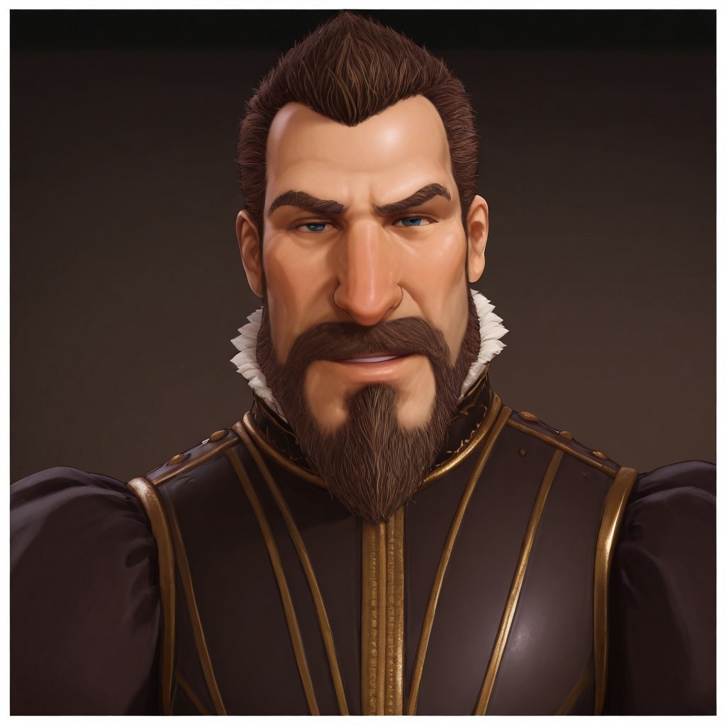 masterpiece, best quality, newest, absurdres, highres, Diz_D00dz, white borders around characters, soft light, BREAK bara, muscular, 1man, male focus, male, male focus, 1boy, PhilipIICIVVI, blue eyes, brown hair, short hair, facial hair, beard, mustache, goatee beard, slick back hair, fleshy nose, {{beefy}}, {{muscular}}, {{large}}, smirk, looked at the viewer, close up to face