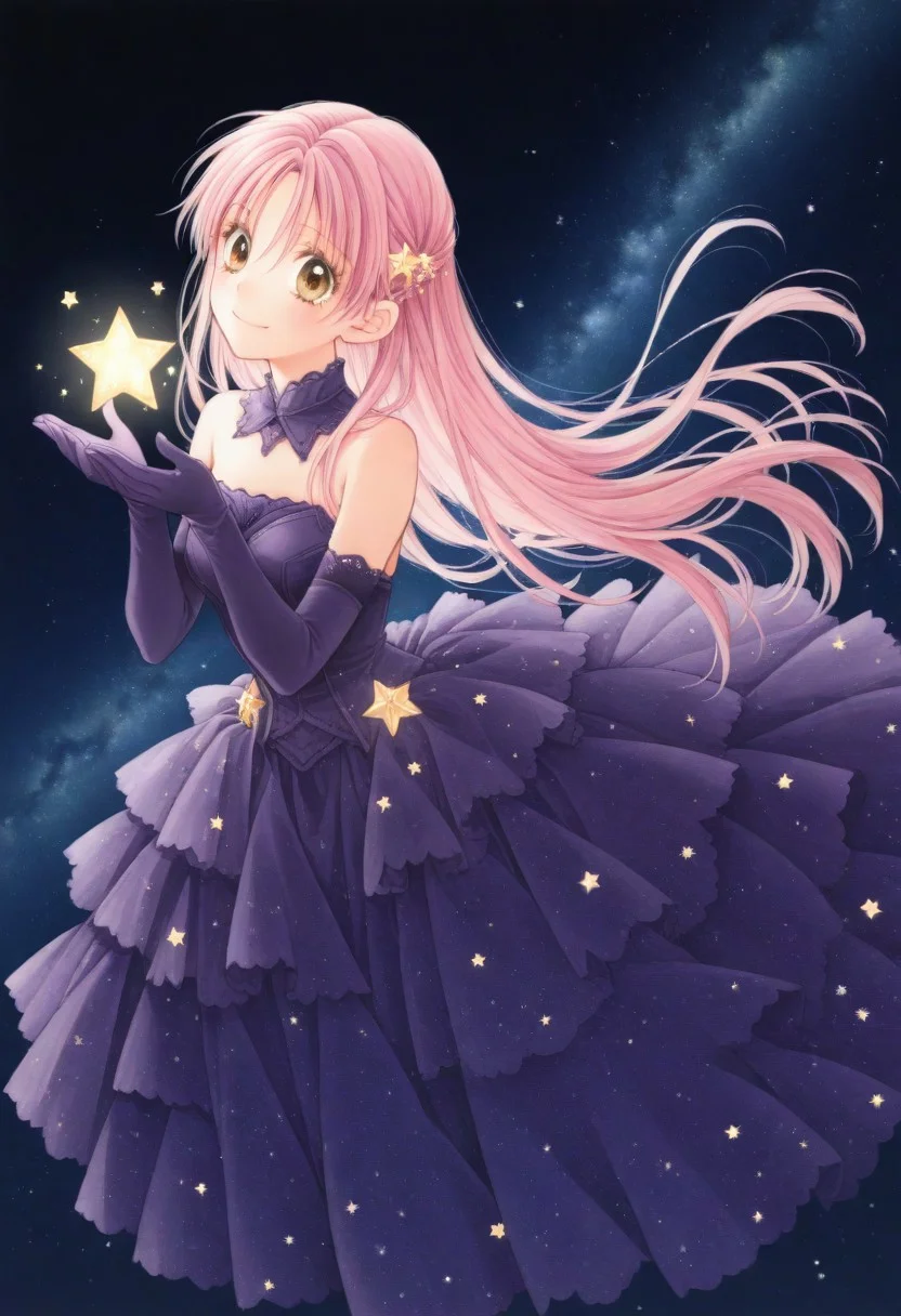 masterpiece, best quality, absurdres,masterpiece, best quality, very awa, absurdres,night sky background,stars,tanemura arina, falling stars,
BREAK
1 girl,solo, full body,floating,pink hair,brown eyes,syraight hair,bangs,floating hair,purple dress, elbow gloves, star (symbol), bare shoulders, purple gloves,smile,holding star