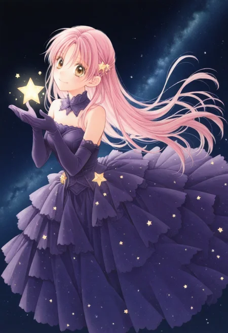 masterpiece, best quality, absurdres,masterpiece, best quality, very awa, absurdres,night sky background,stars,tanemura arina, falling stars,
BREAK 
1 girl,solo, full body,floating,pink hair,brown eyes,syraight hair,bangs,floating hair,purple dress, elbow gloves, star (symbol), bare shoulders, purple gloves,smile,holding star