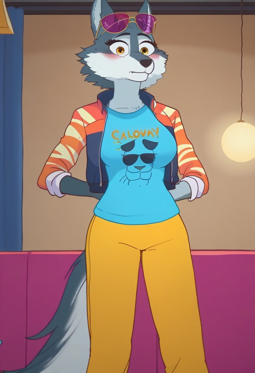 zPDXL, score_9,score_8_up,score_7_up,_up, best quality, amazing quality, masterpiece, 1girl, looking at viewer, solo, fullbody, cute, blush, tight cloth, blush, close, upper body, porsha, yellow eyes, white-blue fur, wolf girl, wolf ears, wolf tail, blue t-shirt, lion head print calloway t-shirt, jacket, yellow pants, sneakers, sunglasses, eyewear on head, purple eyewear, <lora:PorshaUPDATED:0.8> indoors, stage, party lights, contour_deepening, depth of field, huge filesize,large breasts, tiredog,  <lora:Tiredog:1>