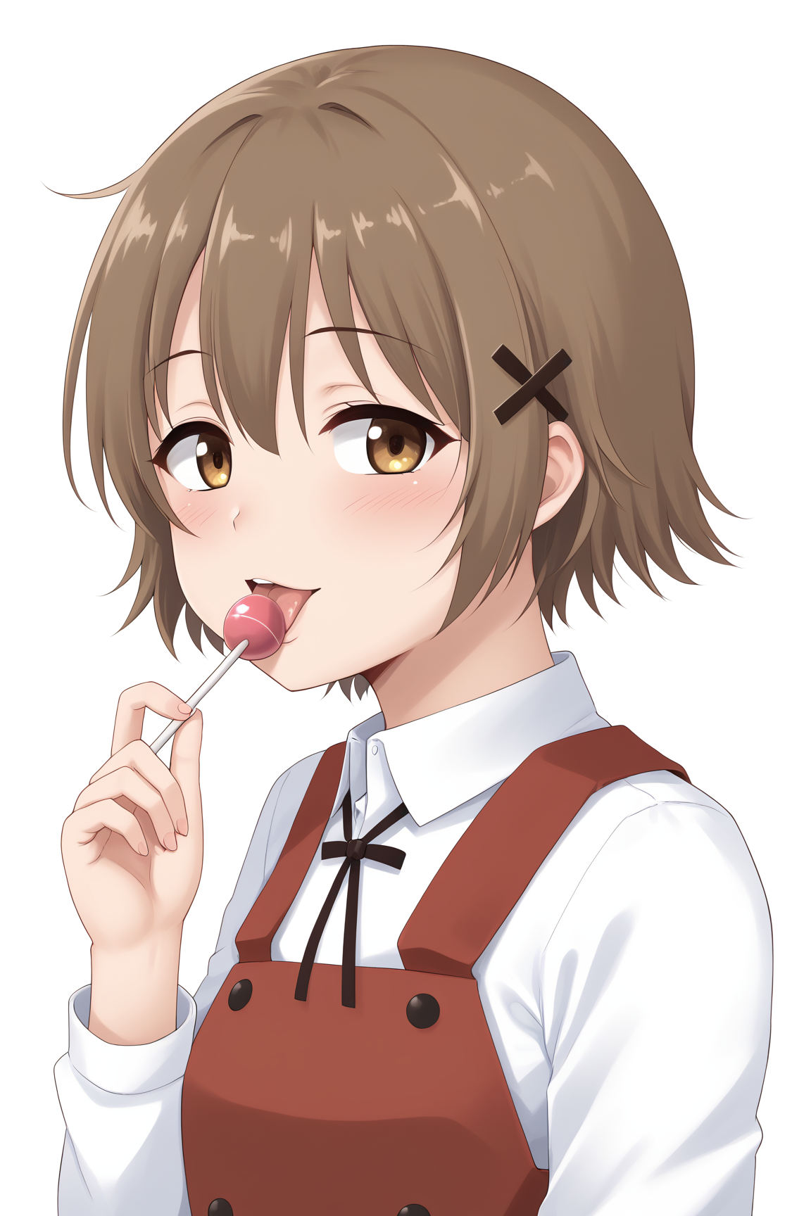 zPDXLpg, 1girl, solo, half-closed eyes, blush, tongue out, licking lollipop using tongue, seductive, upper body, focus face, young, from side,
 <lora:yuno_XL-bf16-pony-v1:1> yuno \(hidamari sketch\),, <lora:hand 4:1> Hand, five fingers,,