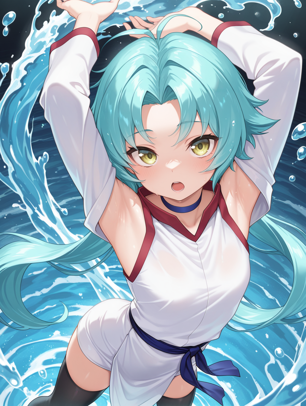 effect veiler, 1girl, solo, open mouth, arms up, looking at viewer, from above, blue choker, white sleeveless dress, white detached sleeves, blue sash, black thighhighs, water, dutch angle, hydrokinesis,
masterpiece,best quality,amazing quality,very aesthetic,absurdres,newest,<lora:Effect Veiler illusXL v1:0.73>,