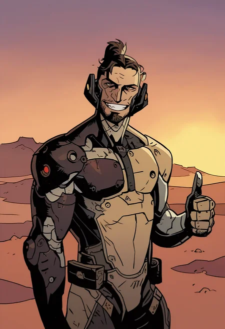 1boy, solo, desert, grin, single thumbs up, looking at viewer, sunset, no pupils, head tilt, 
masterpiece, best quality, <lora:Mike_Mignola-guy90-Illust-Lycorisv1:1> alomik
 <lora:JetstreamSam_illusXL_Incrs_v1:0.75> JetstreamSam, brown eyes, cyborg, bodysuit, headgear, beard, JetstreamSam, brown eyes, cyborg, bodysuit, headgear