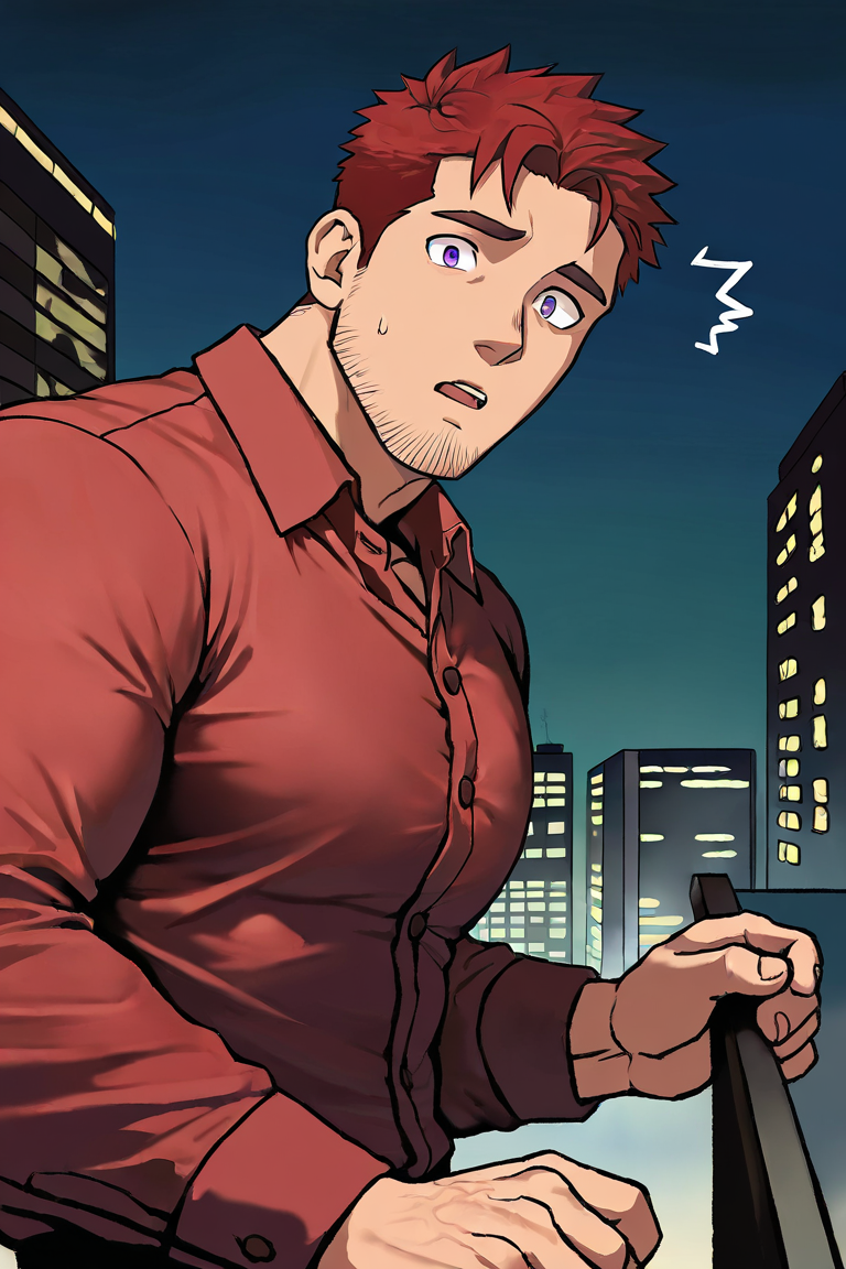 masterpiece, best quality, highres, newest, 1boy, bara, solo, male focus, mature male, short hair, red hair, purple eyes, looking at viewer, upper body, surprised, raised eyebrows, open mouth, standing, red collared shirt, lond long sleeves, outdoors, city, building, night, night sky <lora:OIS - Bara Style 6 [LoRA] - NoobAI-XL EPS 1.0:0.7>