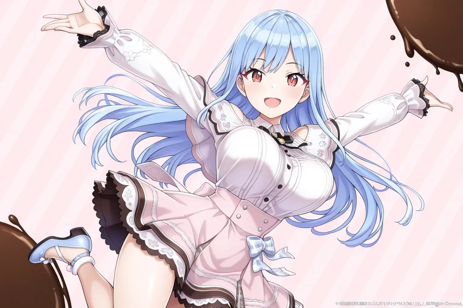 hiori_nayuki, 1girl, solo, long hair, red eyes, blue hair, large breasts, <lora:NayukiHiori:1>, (masterpiece),(best quality),(ultra-detailed),(best illustration),(best shadow),(absurdres),(detailed background),(very aesthetic), <lora:getsuyou_ga_tikaiyo_ilxl:0.7> getsuyou_ga_tikaiyo_ilxl, dancing, white and pink striped background, chocolate cake background, dutch angle, standing, one leg up , spread arms, arms up, cowboy shot, looking at viewer, smile, open mouth, bouncing breasts, pink skirt