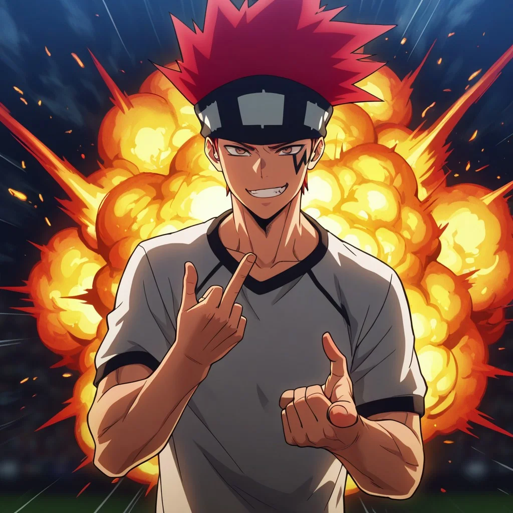 masterpiece, best quality, amazing quality, absurdres, newest, detailed background, definition so sharp, Ultra-HD, 8K cinematic, very awa, impressionate, amazing quality, highres,
solo, male focus, manly,
1boy, d0tb_red hair, d0tb_brown eyes, d0tb, spiked hair, facial tattoo, headband, explosion,
pointing, taunting gesture, playful grin, athletic wear, track, bright lighting, energetic, competitive, hot-blooded, cheeky, cool,
