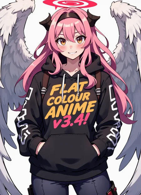 Flat colour anime style image showing an adult woman with white angel wings, black devil horns and a black headband, red halo, long pink wavy hair, brown eyes, evil smirk. Wearing black and white techwear hoodie, jeans, with lots of straps and buckles. There are white speed lines around her. There is a large dynamic orange and yellow title of "FLAT COLOUR ANIME v3.4!" on her hoodie