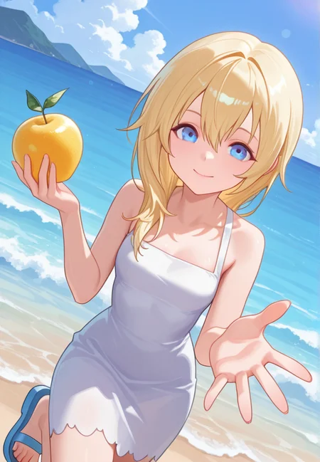 masterpiece, best quality, amazing quality, very aesthetic, absurdres, newest, detailed background, cowboy shot,outdoors, beachs, palms, fruit, dynamic angle, dynamic pose
naminekh, 1girl, solo, blue eyes, blonde hair, long hair, hair between eyes, white dress, bare shoulders, sandals, looking at viewer, timid, smile, blushed,
<lora:Namine_-_Kingdom_Hearts_Illustrious:1>