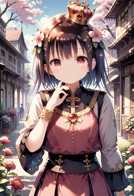 score_9, score_8_up, score_7_up, 1girl,FujisakaLP,high definition eyes, (masterpiece), (best quality), (ultra detailed),(disheveled hair),(illustration), (best shadow), detail1eye, 1girl, 8K animation, detailed fingers, precise fingers, not unnatural hands, illustration, 1 girl, solo, pink bob cut, gold crown, flower hair ornament, sagging eyes, red mini skirt, YUI