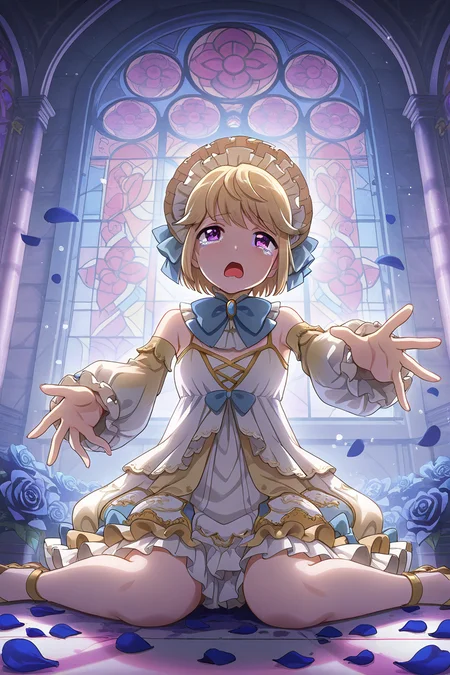 masterpiece, best quality, amazing quality,
 <lora:Ryoko_IL:1> ryoko, 1girl, flower, blonde hair, solo, dress, sitting, purple eyes, petals, short hair, open mouth, detached sleeves, rose, wariza, bow, looking at viewer, frills, stained glass, bonnet, outstretched arm, tears, window, indoors, jewelry, blue bow, outstretched hand