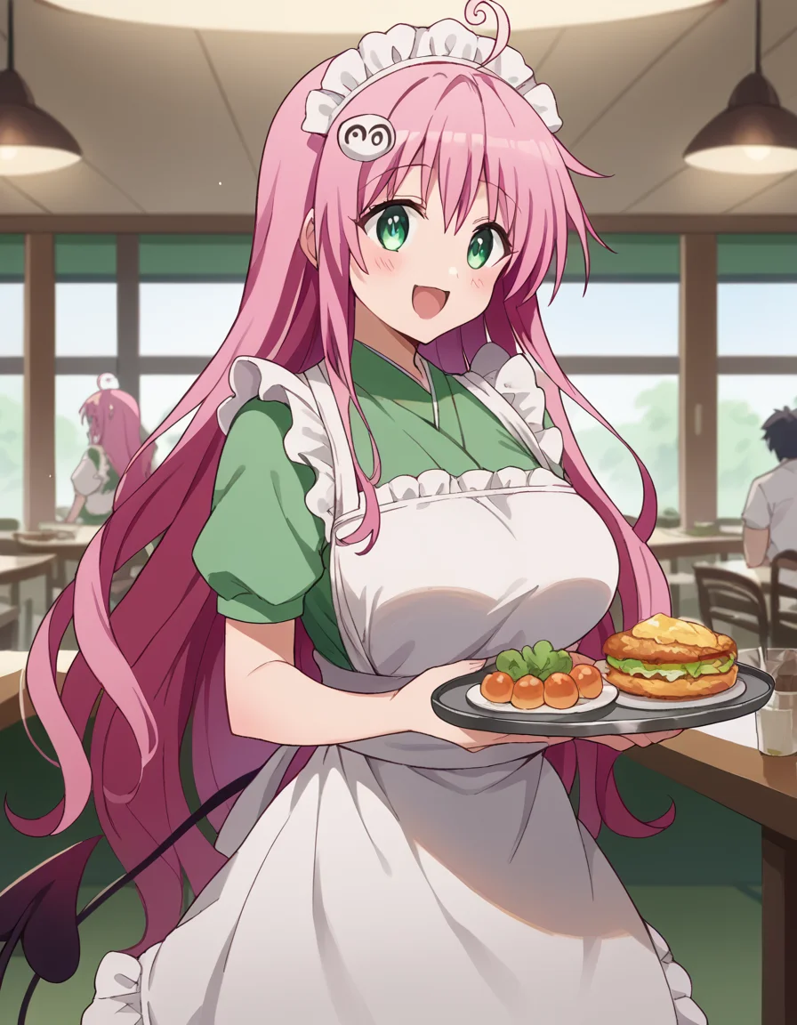 score_9, score_8_up, score_7_up, source_anime, <lora:lala-deviluke-darkness-ponyxl-lora-nochekaiser:1>, lala deviluke, long hair, pink hair, tail, ahoge, bangs, hair ornament, green eyes, demon tail, large breasts, <lora:wa-maid-ponyxl-lora-nochekaiser:1>, wa maid, maid, maid headdress, apron, white apron, frilled apron, maid apron, kimono, japanese clothes, frilled kimono, holding tray, tray, food,, indoors, restaurant, smile, blush, open mouth,,