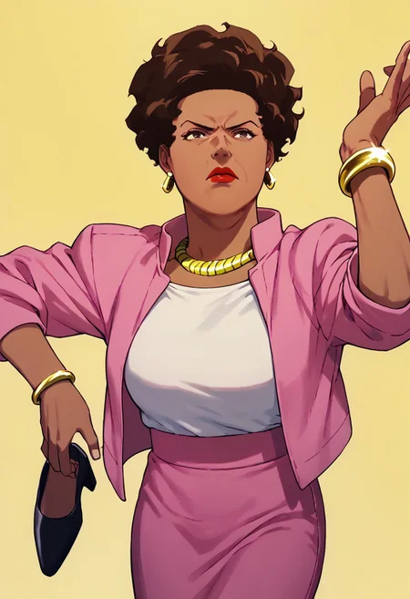 score_9, score_8_up, score_7_up BREAK AmandaWaller, 1girl, dark brown hair, brown skin, brown eyes, red lipstick, gold earrings, gold necklace, left wrist gold bracelet, open pink suit jacket, white undershirt, pink skirt, black high-heeled shoes, mature woman, dancing, yellow color background, yellow background, serious look, dance,