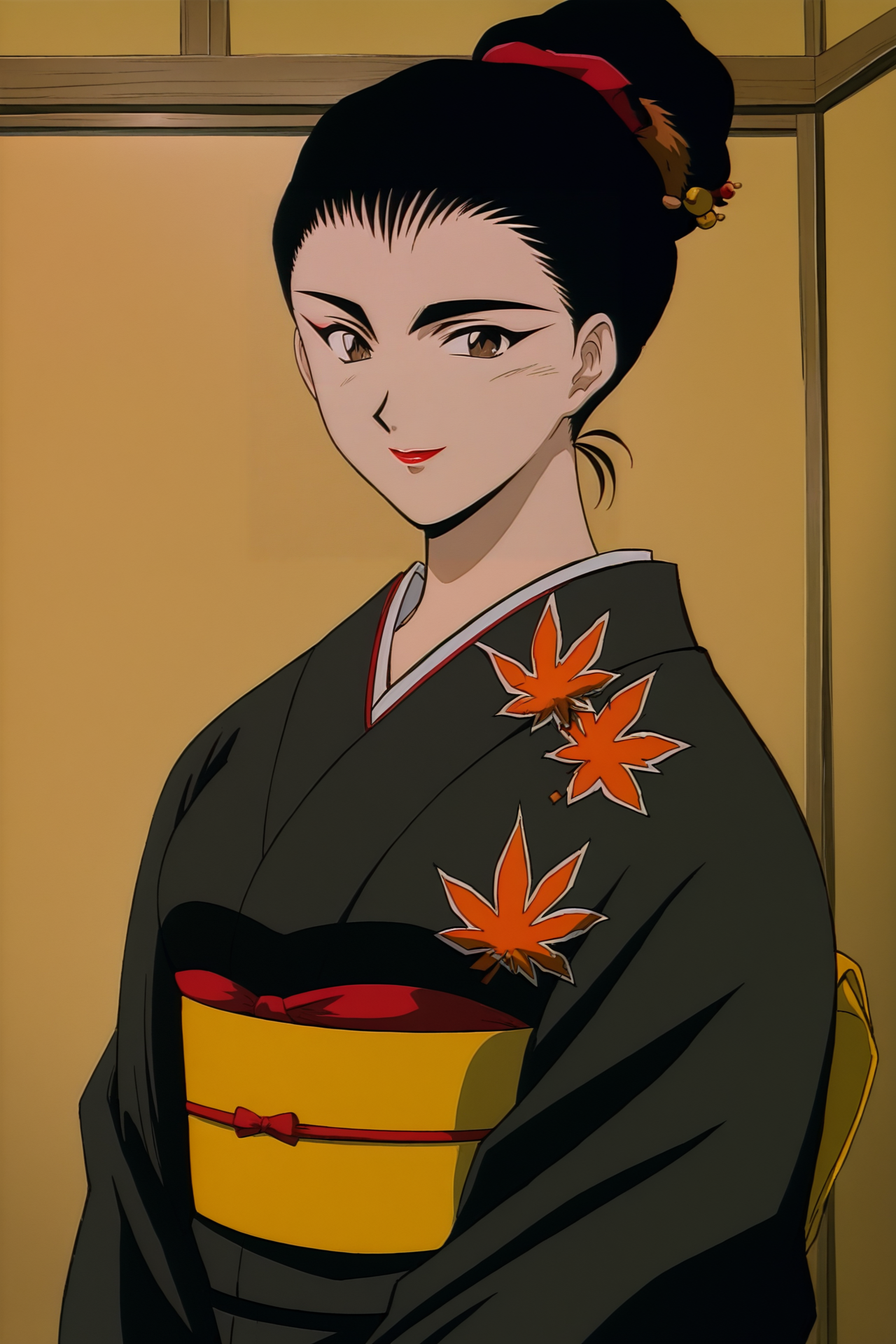 anime screencap,anime coloring,masterpiece,best quality,official style,amazing quality,beautiful detailed hair,beautiful detailed eyes,official anime artwork,retro artstyle,1990s \(style\),Reiko Terayama,1girl,solo,black hair,large breasts,brown eyes,<lora:Reiko Terayama-IL V1:1>,standing,looking at viewer,smile,red lips,lipstick,makeup,japanese clothes,kimono,sash,obi,hair ornament,single hair bun,black kimono,maple leaf print,black coat,