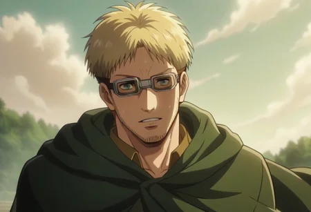 score_9, score_8_up, score_7_up, score_6_up, source_anime\(Attack on Titan\), anime screencap, perfect anatomy, perfect proportions, best quality, masterpiece, high_resolution, high quality, aesthetic, absurdres, (male focus), solo male, Abel, ((blond hair)), short hair, (long sideburns, thick facial hair, beard, chinstrap stubble, jawline stubble), paradis military uniform \(Attack on Titan\), (thick-rimmed giggles with bands around head, eyes behind goggles), green cloak\(Attack on Titan\), hooded cloak, hood down, adult, mature, masculine, manly, handsome, charming, alluring, portrait, upper body, dutch angle