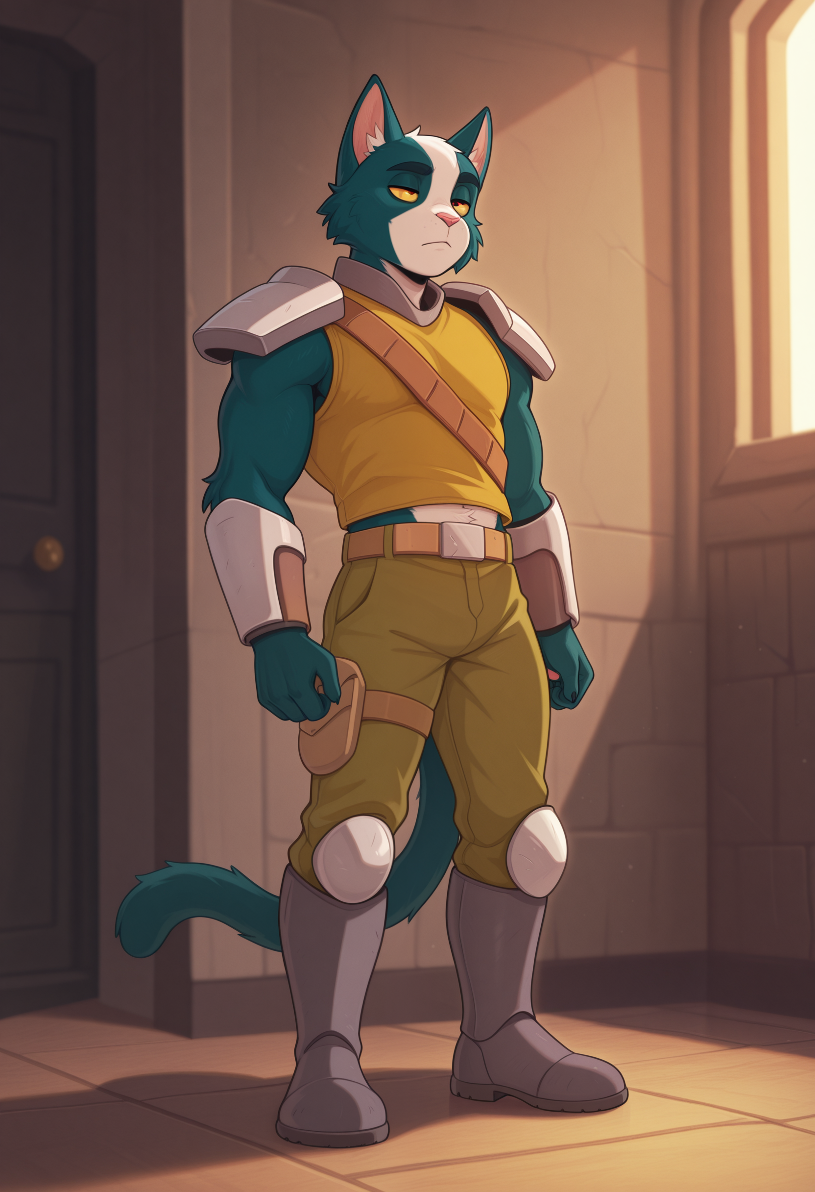 masterpiece, best quality, amazing quality, 1boy, solo, AvocatoFS, Colored Sclera, Yellow shirt, sash, pants, armor, boots