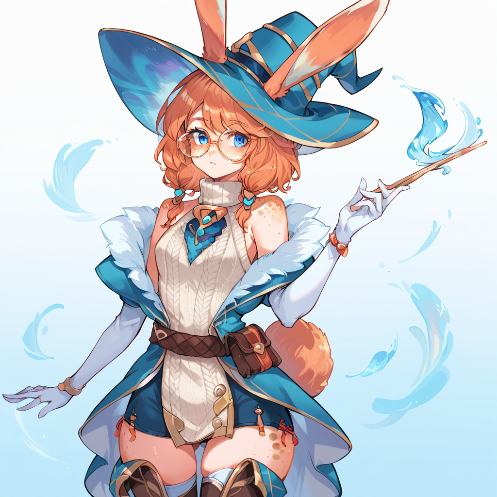 score_9, score_8_up, score_7_up, anime_source, simple background, 
1girl, solo, auroralol, animal ears, blue eyes, glasses, magician hat, bare shoulders, sweater, freckles, thigh boots, rabbit tail, elbow gloves, belt,
<lora:auroralol_pony_v1:0.8>