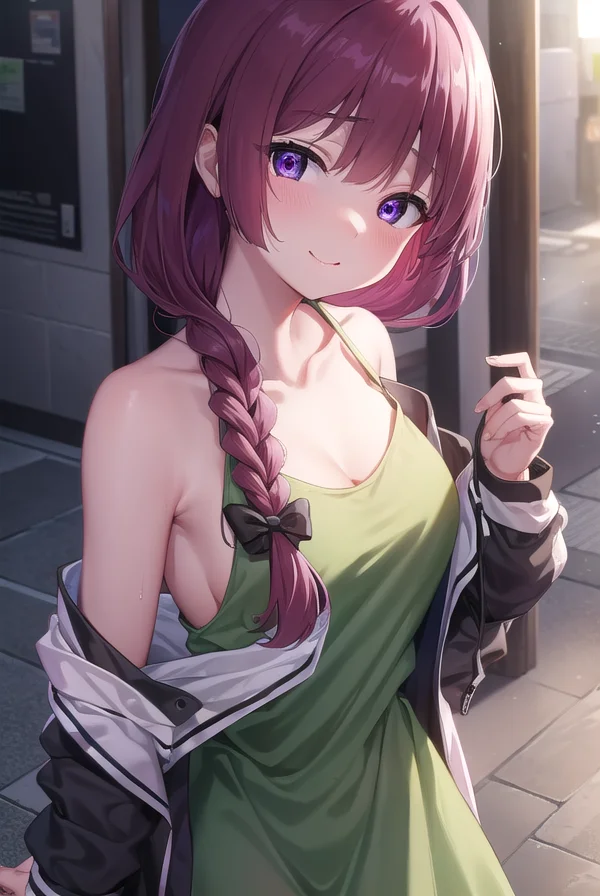 hiroikikuri, <lyco:kikurihiroi-lyco-nochekaiser:1>,
kikuri hiroi, black bow, blunt bangs, braid, closed eyes, fang, hair bow, hair over shoulder, long hair, purple hair, sidelocks, single braid, smile,
BREAK black jacket, brown footwear, collarbone, dress, green dress, jacket, long sleeves, open clothes, open jacket, raglan sleeves, sandals, white sleeves,
BREAK outdoors, city, crowd, people,
BREAK looking at viewer, (cowboy shot:1.5),
BREAK <lyco:GoodHands-beta2:1>, (masterpiece:1.2), best quality, high resolution, unity 8k wallpaper, (illustration:0.8), (beautiful detailed eyes:1.6), extremely detailed face, perfect lighting, extremely detailed CG, (perfect hands, perfect anatomy),