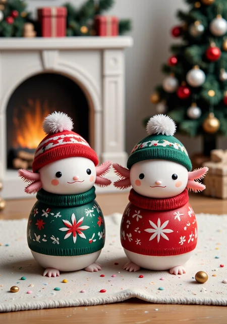 A high-quality, close-up photograph of a ck-owct style hand-painted wooden christmas toy featuring axolotls wearing sweaters with pom pom beanies, they have simple faces and pink frilly gills, fireplace and Christmas tree in background<lora:Axomodel_Flux_V2.safetensors:1.0:1.0> <lora:ck-old-wooden-christmas-toys-000016.safetensors:1:1>