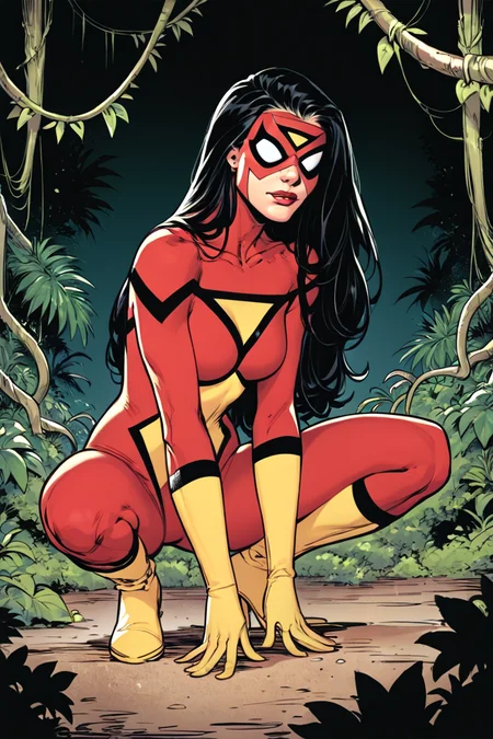 score_9, score_8_up, score_7_up, sw_jessicadrew, 1girl, solo, long hair, black hair, lipstick, white lenses, covered eyes, domino mask, superhero, red bodysuit, yellow gloves, yellow boots, cowboy shot, squatting, jungle, vines, dark background <lora:Spider-Woman (Jessica Drew) SDXL_LoRA_10r_5e_100i_nr32_a16_Pony Diffusion V6 XL_640x960:0.8> <lora:Line Art Style LoRA XL:1>