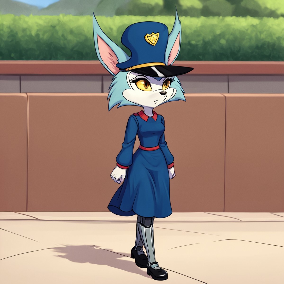 score_9,score_8,score_7,source_furry,
<solo:2.5>,
<1girl:1.5>,
carmen_patrol_03, carmen_fox, fox, fox girl, fanart, solo, sitting, hat, furry, yellow eyes, dress,summer dress,legs,, 1girl, blue headwear, long sleeves, cybernetics, cybernetic legs, prosthetics, robot legs, walking, deus ex, walking,blue fur,blue body,
( art by fuzzamorous+vvoolfe ) ,,
 <lora:Carmen_Fox_Patrol_03:1> carmen_patrol_03
