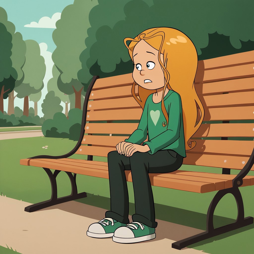 score_9, score_8_up, score_8_up, break, marine_ts, 1girl, blonde hair, long hair, green shirt, outdoors, sitting, park bench, sunlight, shadows, natural lighting