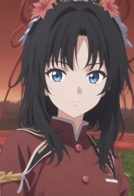 1girl, solo, solo focus, highres, absurdres, shikieiki,
looking at viewer, head tilt, from side,
red spider lily, flower field, night sky, red sky, dark, red theme,