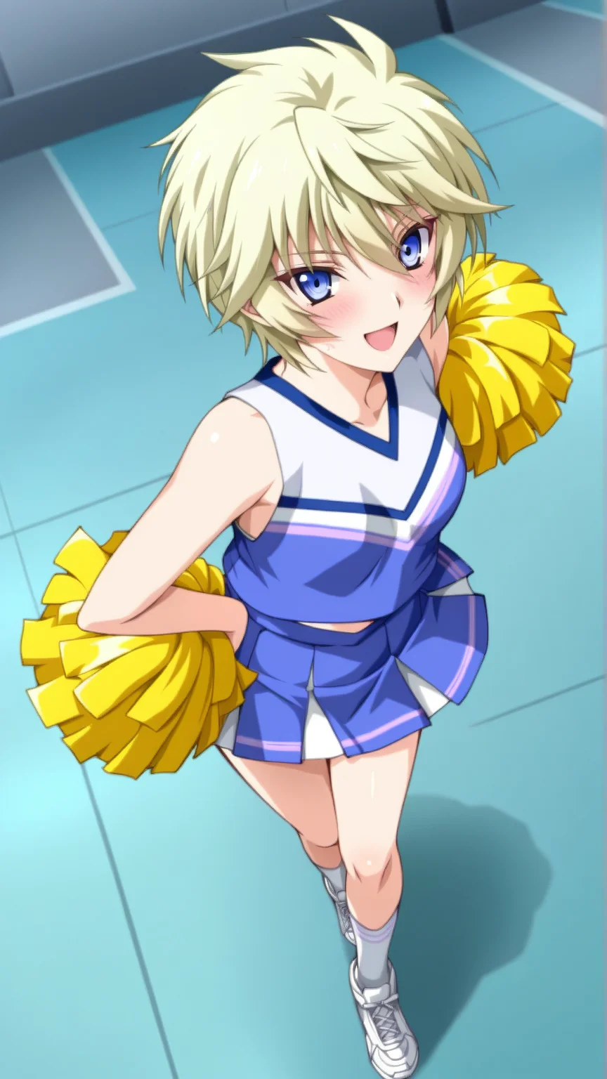 source_anime, general, best quality, masterpiece, 1girl, <lora:Esther_Elhous_ill_v1.0:1> esther_elhous\(srw\),blue eyes , blonde hair, yellow hair,tsurime, small breasts ,cheerleader, happy, (embarrassed:0.9), dynamic pose, dutch angle, full body,
