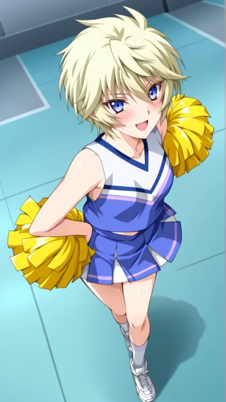 source_anime, general, best quality, masterpiece, 1girl, <lora:Esther_Elhous_ill_v1.0:1> esther_elhous\(srw\),blue eyes , blonde hair, yellow hair,tsurime, small breasts ,cheerleader, happy, (embarrassed:0.9), dynamic pose, dutch angle, full body,